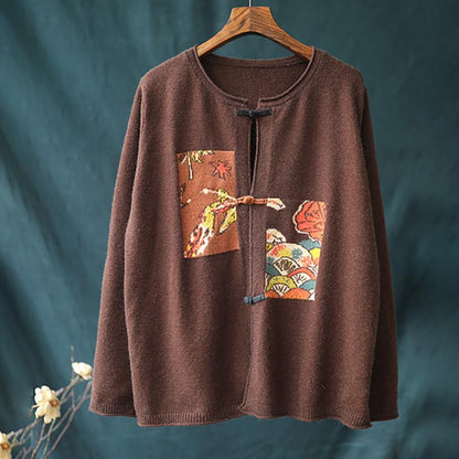 Buykud Printed Patchwork Single Breasted Knitted Coat