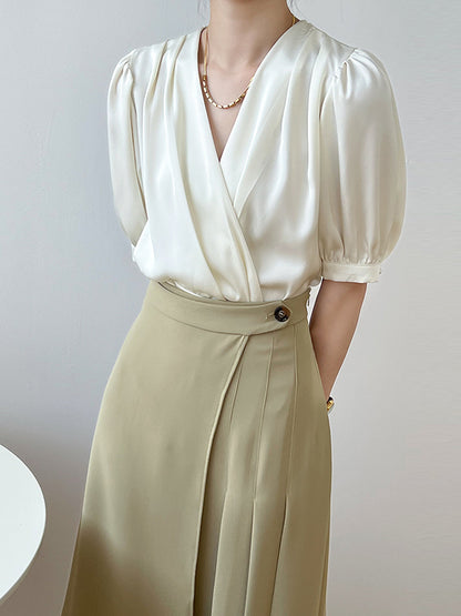 Office V-Neck Half Sleeves Solid Color Blouse