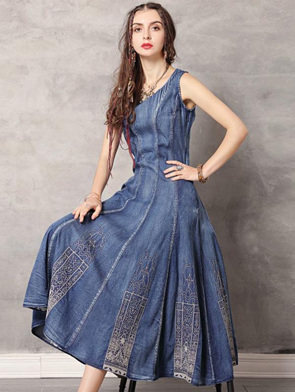 2019 Summer New Vintage Embroidery Denim Dress