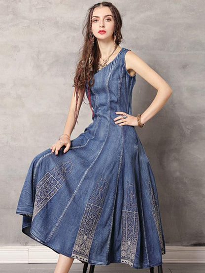 2019 Summer New Vintage Embroidery Denim Dress