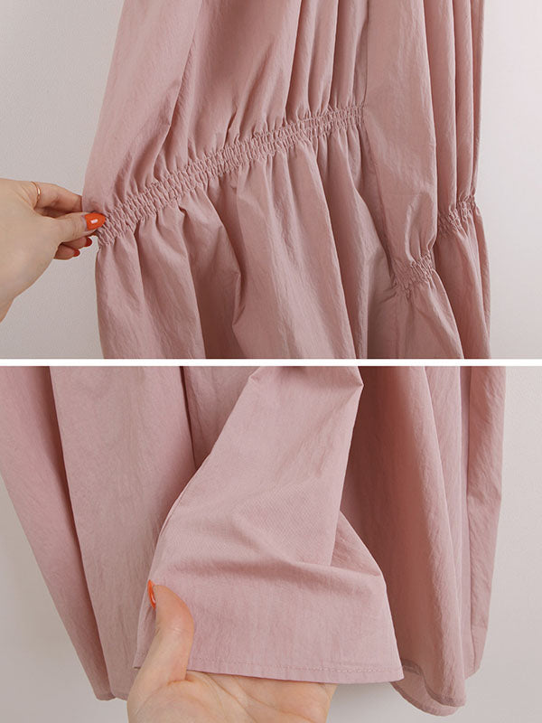 Casual Solid Color Falbala Pleated V-Neck Short Sleeves Maxi Dress