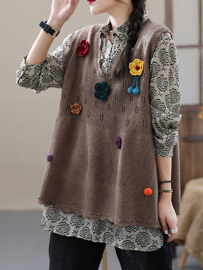 Vintage Knitting Sleeveless Applique V-Neck Vest Top