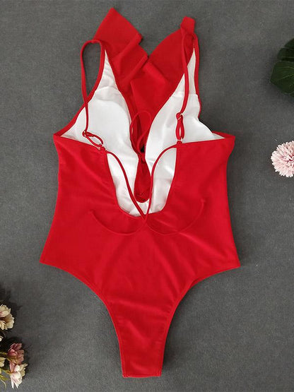 Plunge Falbala Plain One Piece Swimsuit
