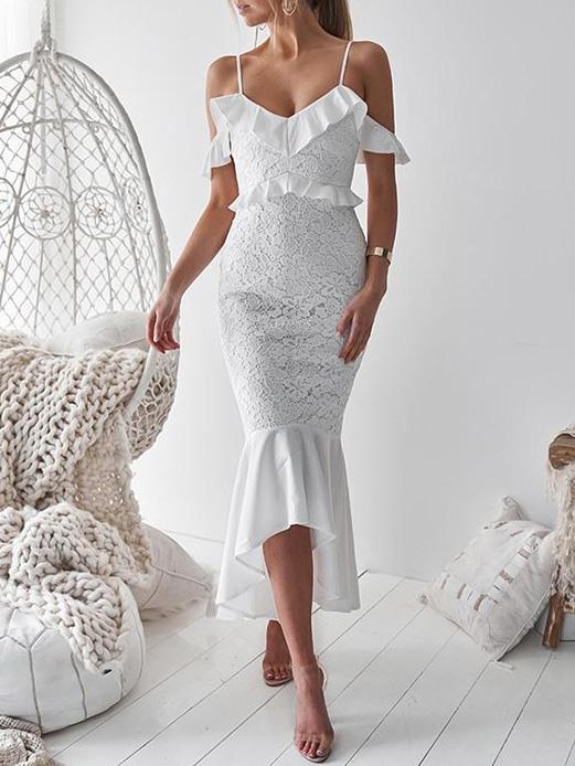 Lace Hollow V-neck Solid Midi Dresses