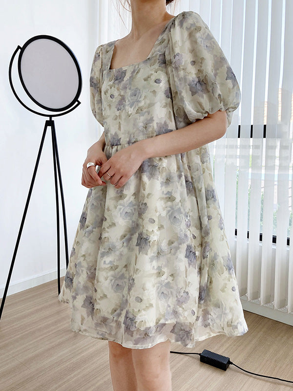 Original Floral Printed Square-Neck Puff Sleeve Mini Dress