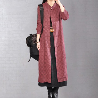 Casual Stand Collar Single Breasted Lattice Wine Red Coat