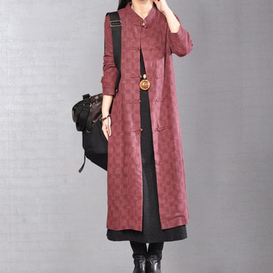 Casual Stand Collar Single Breasted Lattice Wine Red Coat