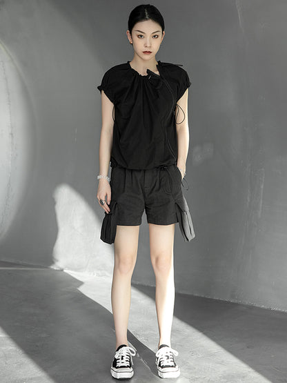 Stylish Black&White Drawstring Pleated Zipper Cap Sleeve Shirts