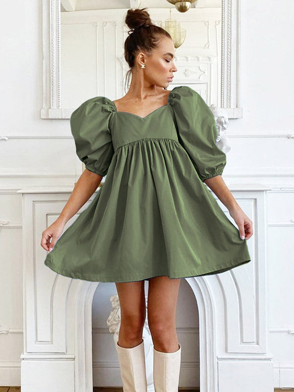 Stylish Split-Joint Pleated Puff Sleeves A-Line Mini Dress