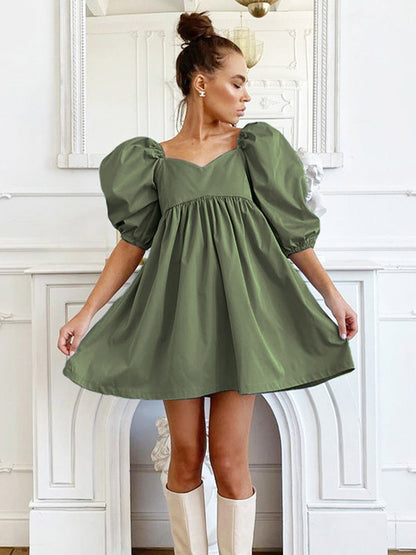 Stylish Split-Joint Pleated Puff Sleeves A-Line Mini Dress