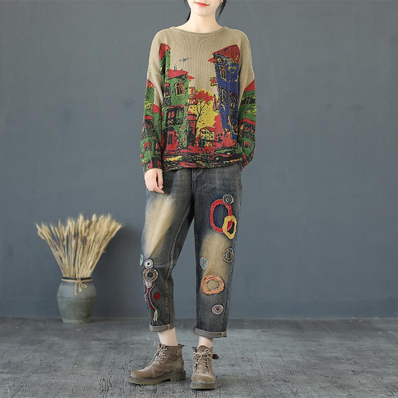 Buykud Print Long Sleeve Comfortable Breathable Sweater