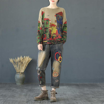 Buykud Print Long Sleeve Comfortable Breathable Sweater