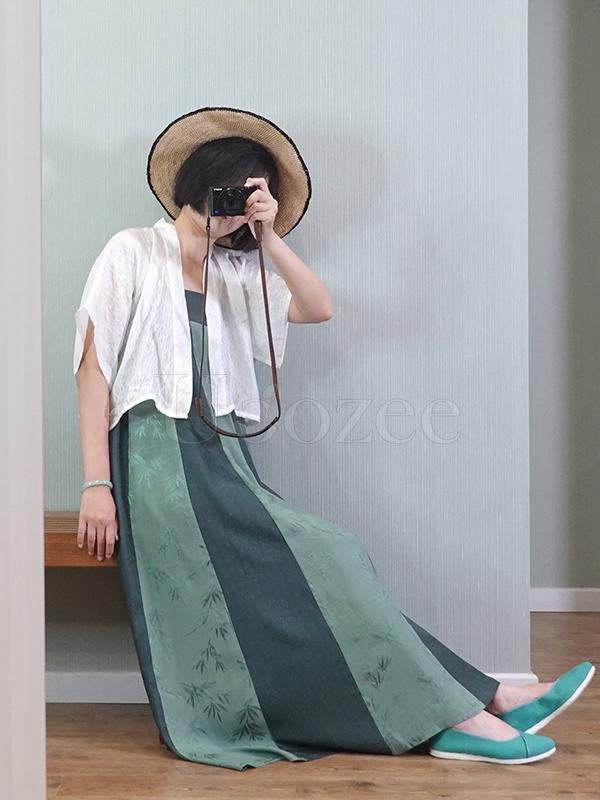 Green Striped Bamboo Jacquard Long Dress