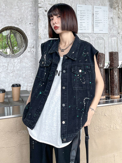 Original Denim Split-Joint With Pocket Splash Ink Buttoned Lapel Collar Sleeveless Vest Outwear