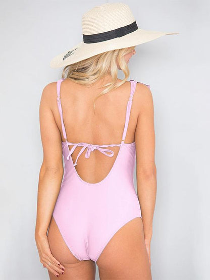 Plunge Falbala Plain One Piece Swimsuit