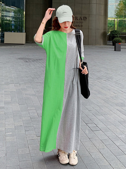 Casual Color Matching Round-Neck Long Sleeves Maxi Dress