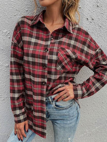 Casual Red Plaid Split-Joint With Pocket Buttoned Lapel Collar Blouse