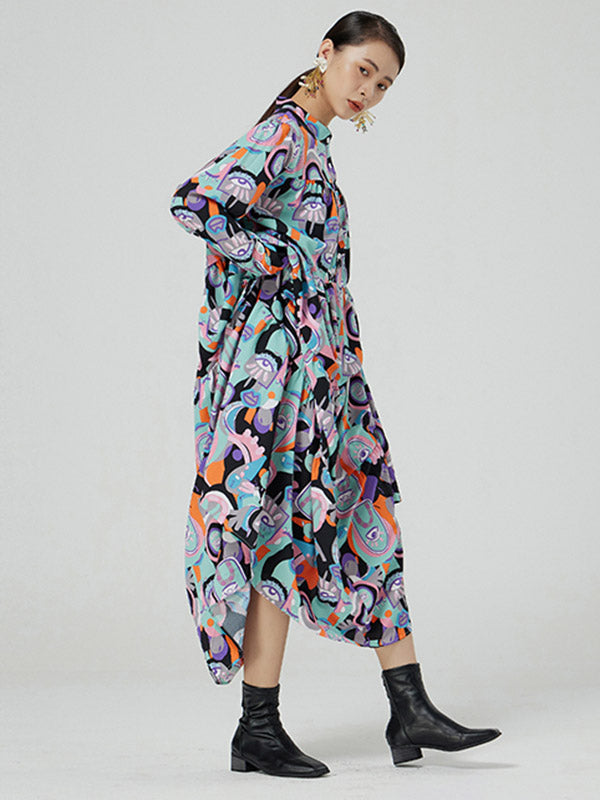 Original Abstract Printed Stand Collar Long Sleeves Midi Dress