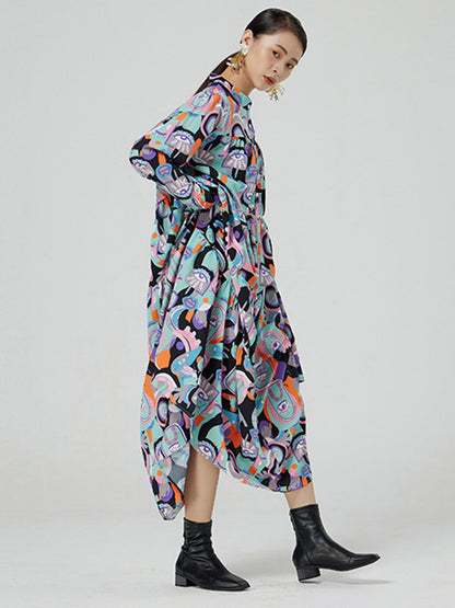 Original Abstract Printed Stand Collar Long Sleeves Midi Dress