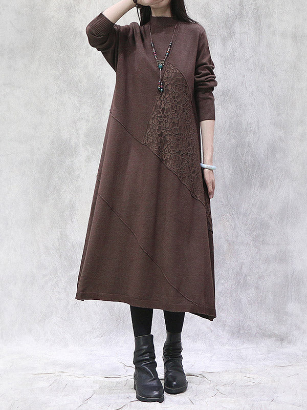 Artistic Retro Solid Color Split-Joint Embroidered High-Neck Long Sleeves Knitted Sweater Dress