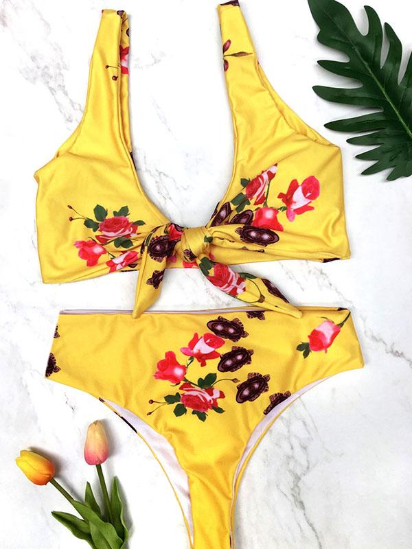 Knotting High Waist Printed Bikinis Swimwear