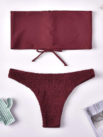 Solid Color Bandage Split Bikini Swimsuit