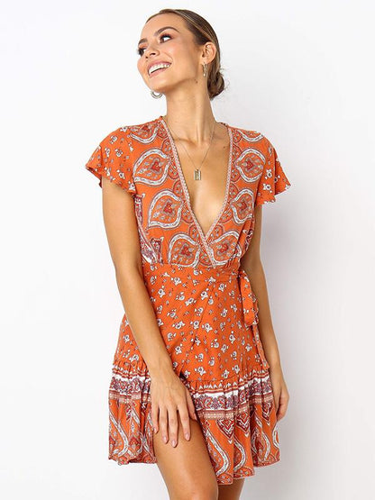 Floral Flared Sleeves V-neck Mini Dress