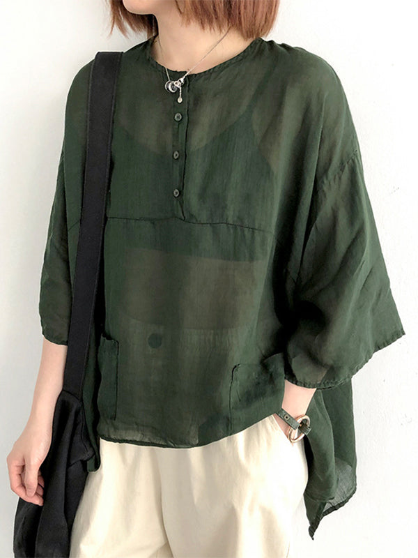 Simple Casual Loose Solid Color Ramie Cotton T-Shirt Top