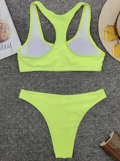 Plain High Waist Y Back Bikini Swimsuit