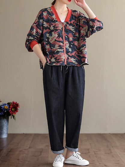 Casual Zipper V-Neck Camouflage Printed Long Sleeves Outerwear