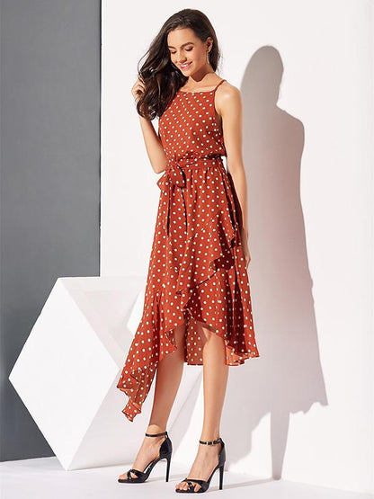 Polka-Dot  Printed  Irregular Hem  Sleeveless Midi Dress