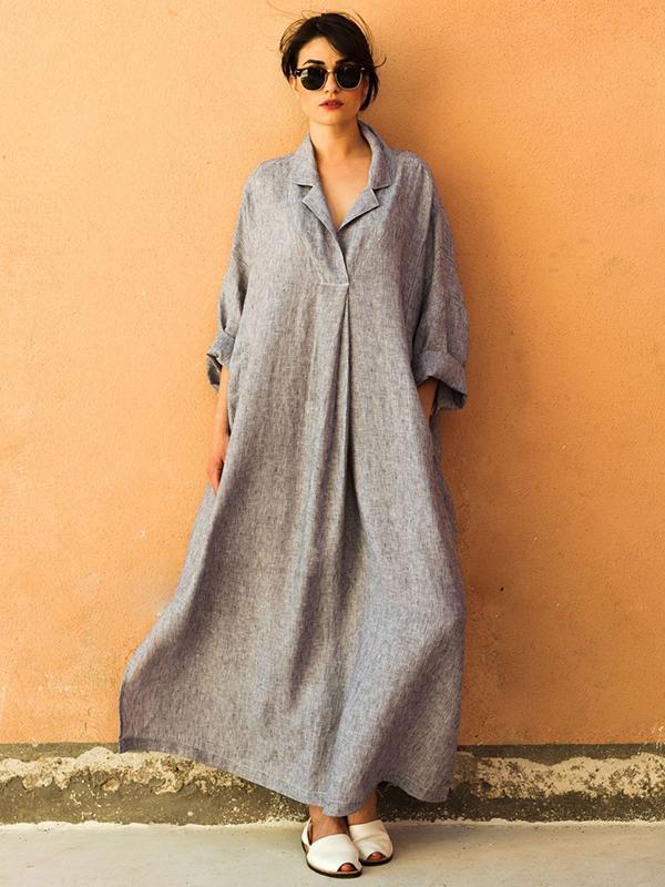 Gray Ramie Cotton Lapel Linen Long Dress