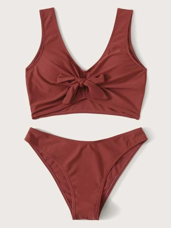 Solid Color Knotted Split Bikini Swimsuit