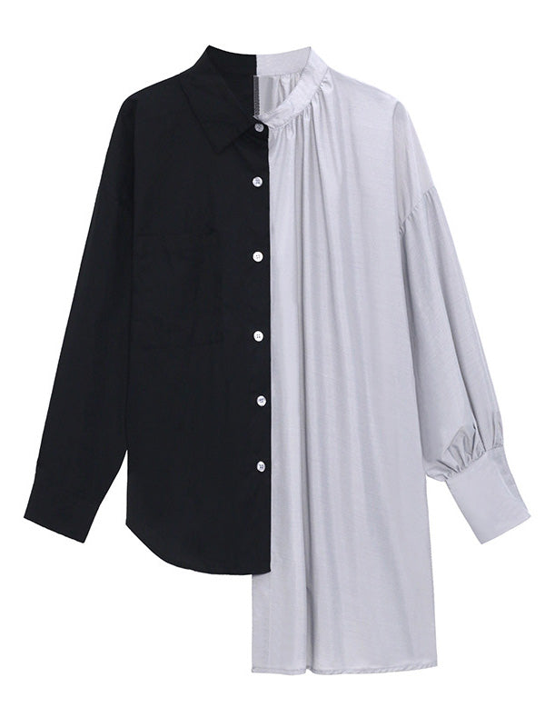 Irregular Casual Solid Color Pleated Buttoned Lapel Collar Long Sleeves Blouse