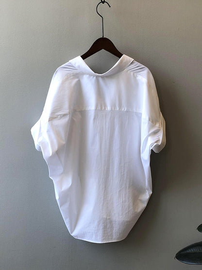 Simple Urban Solid Color Pleated Lapel Collar Short Sleeves Blouse