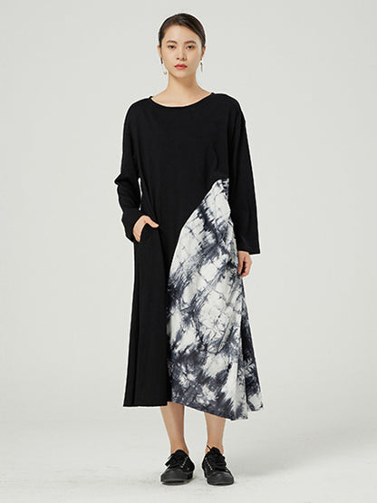 Casual Round-Neck Asymmetric Long Sleeves Midi Dress