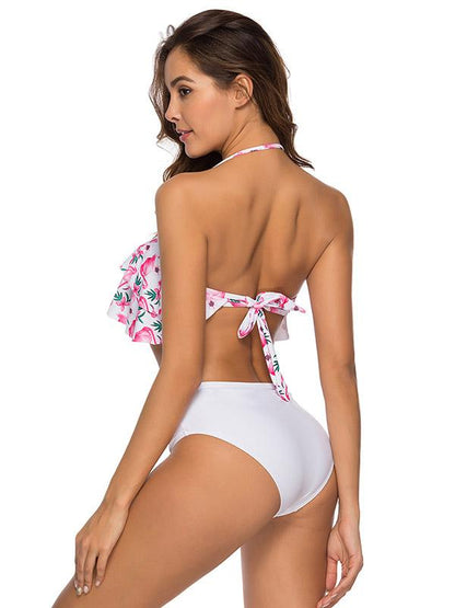 Flamingo Ruffled Top With Solid High Cut Bikini Set