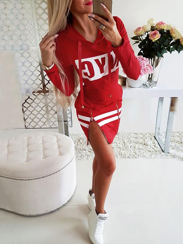 Fashion Long Sleeves Letters Printed Hooded Midi Dresses