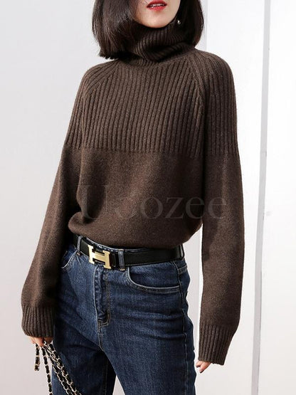 Loose High-neck High-low Solid Casual Sweater