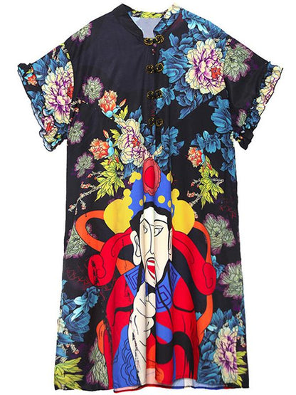 Casual Retro Printed Loose Midi Dress