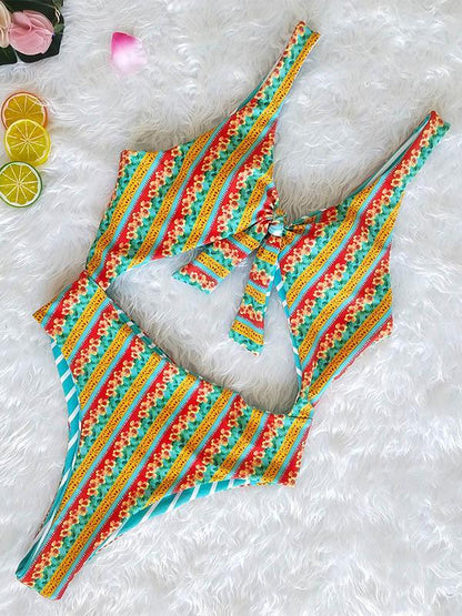 Reversible Striped Bandage One-piece Swimwear