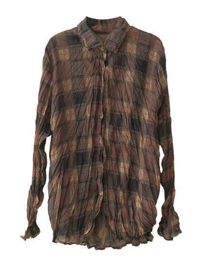 Vintage Printed Buttoned Pleated Lapel Long Sleeves Blouse Tops