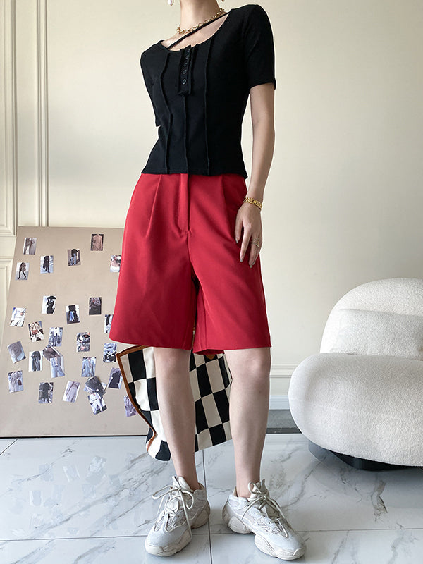 Original Stylish Solid Color Buttoned Skinny T-Shirt Top