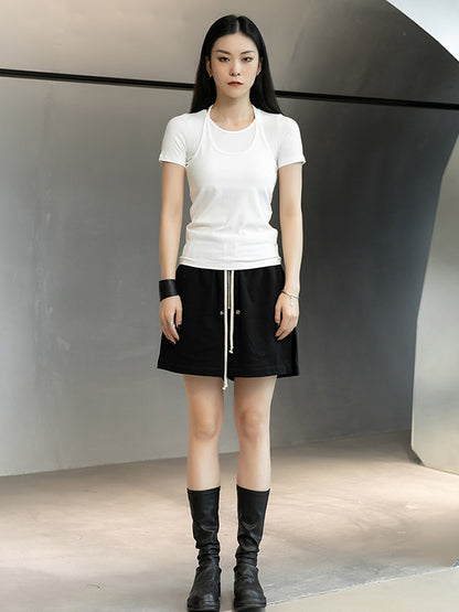 Stylish Halterneck Solid Color False Two Short Sleeves T-Shirt