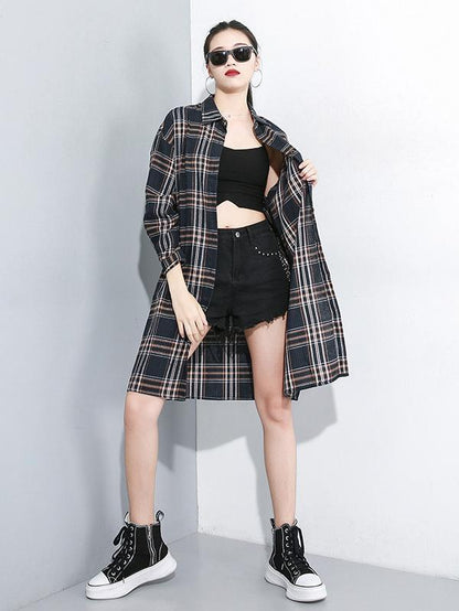 Loose Retro Lapel Plaid Shirt Dress