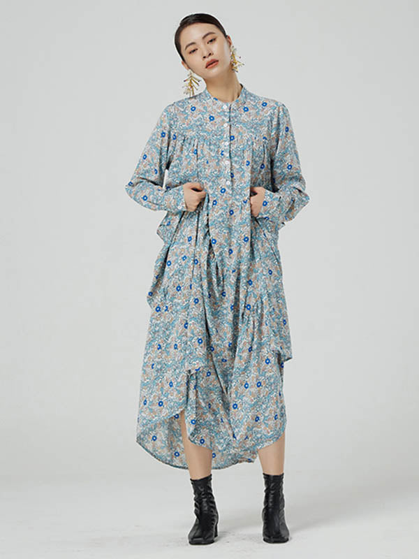 Original Buttoned Floral Printed Stand Collar Long Sleeves Loose Midi Dress