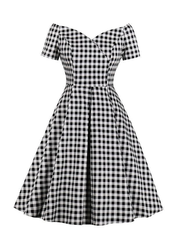 Plaid Off-The-Shoulder A-Line Midi Dresses