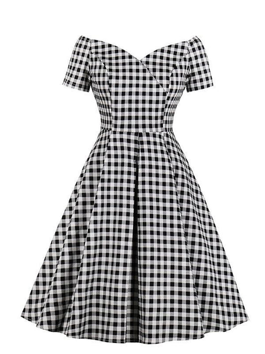 Plaid Off-The-Shoulder A-Line Midi Dresses