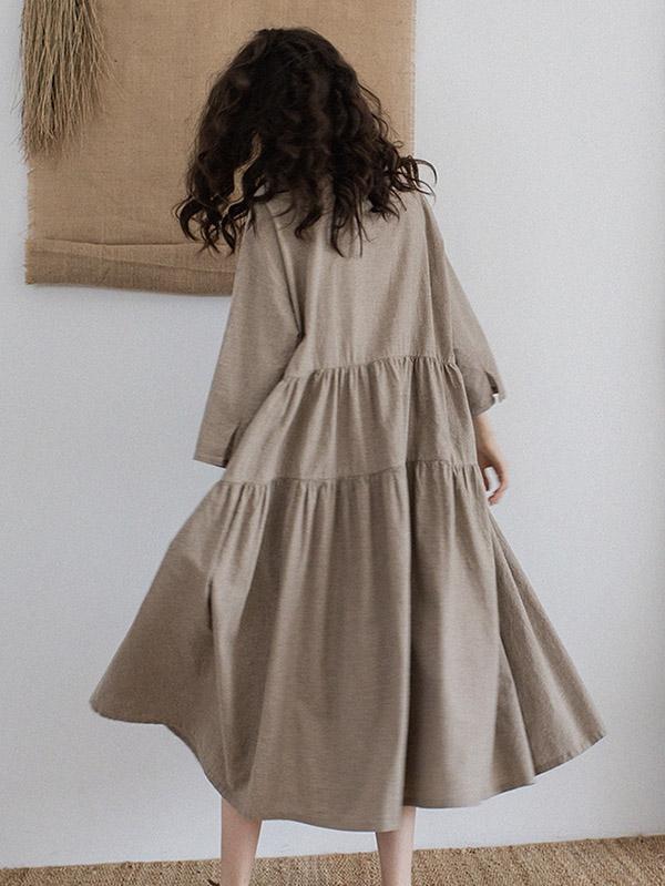 Vintage Split-joint Ruffled Lapel Long Linen Dress