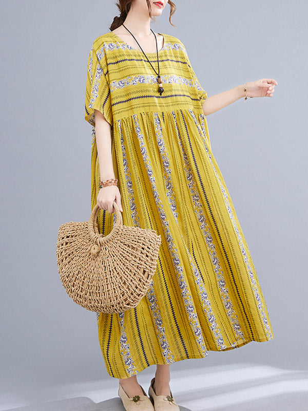 Vintage Striped Printed Round-Neck Short Sleeves Midi Dress